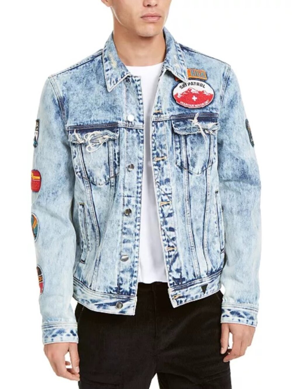 Guess Dillon Logo Denim Jean Jacket with Graphic Patches Sz Small